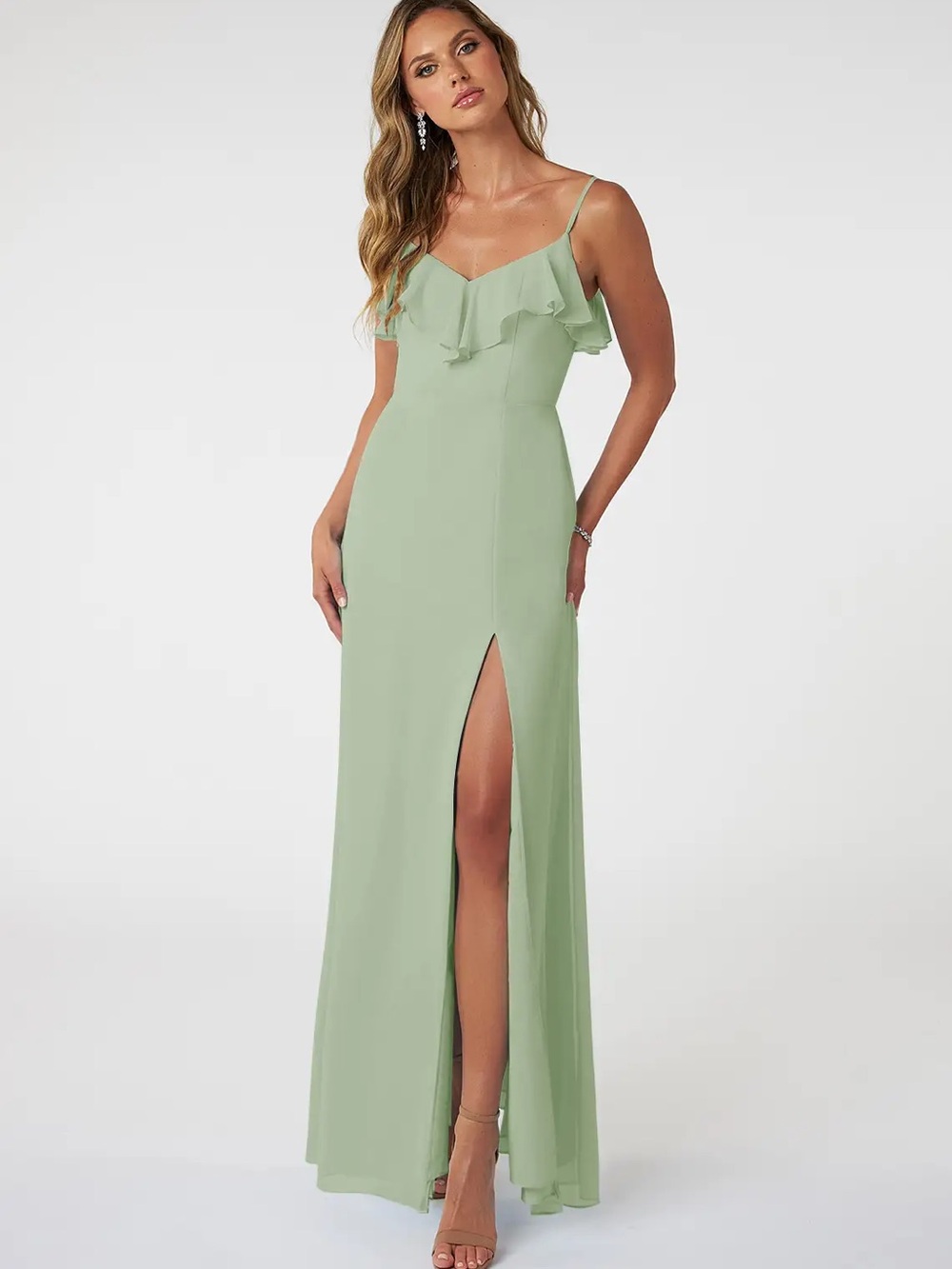 Azazie Ruffle Maxi Dress in Dusty Sage Green